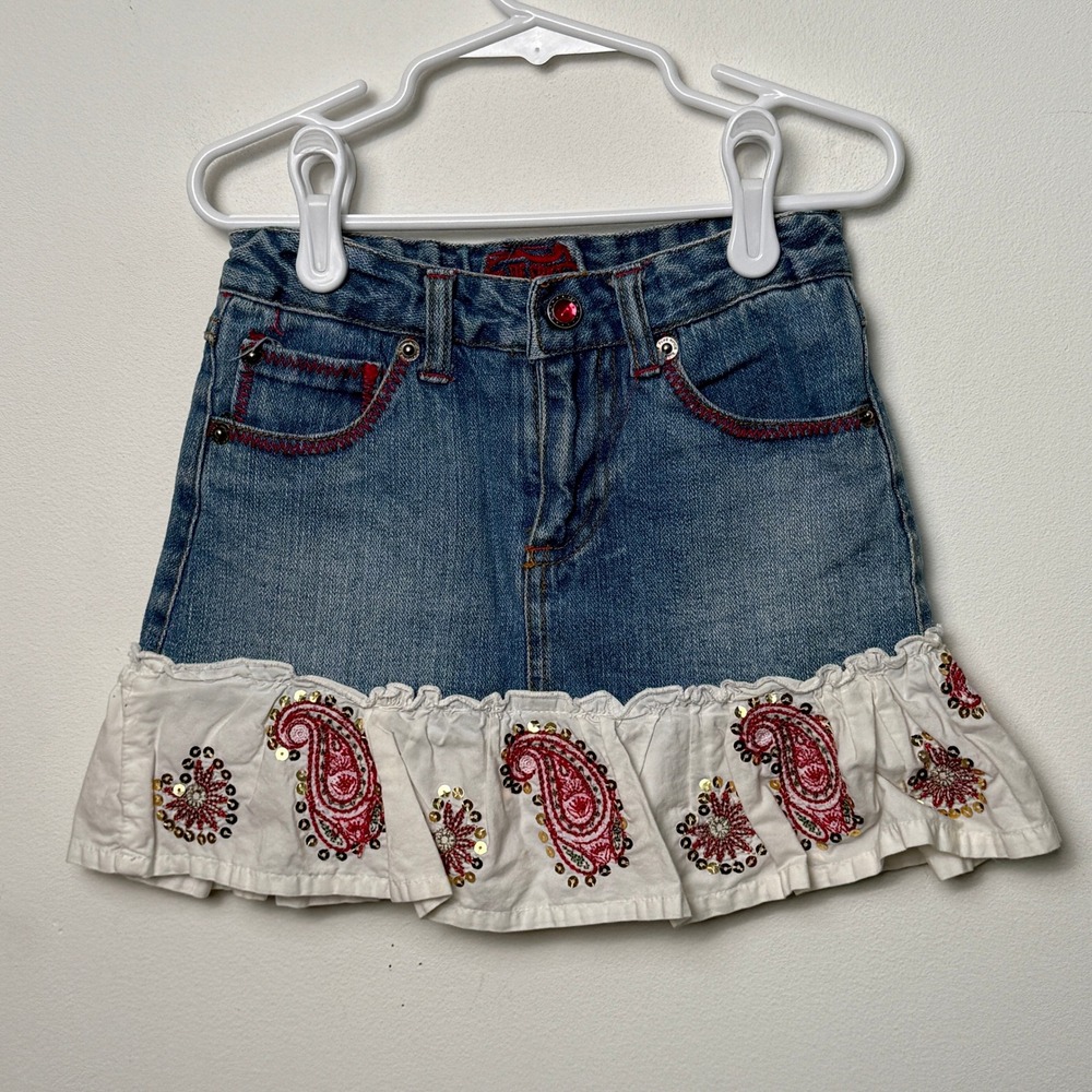 Blue Spice Girls Blue Denim Skort Size 6 Paisley Ruffle Sequin Embroidered Y2K